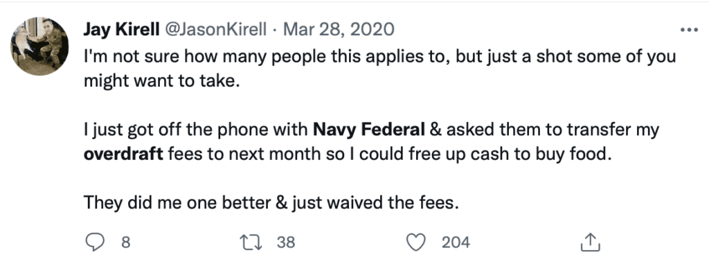 tweet about getting overdraft fees waived by navy federal