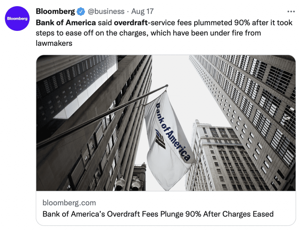 tweet about Bank of America lowering overdraft fees