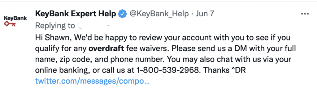 Tweet from KeyBank about refunding overdraft fees