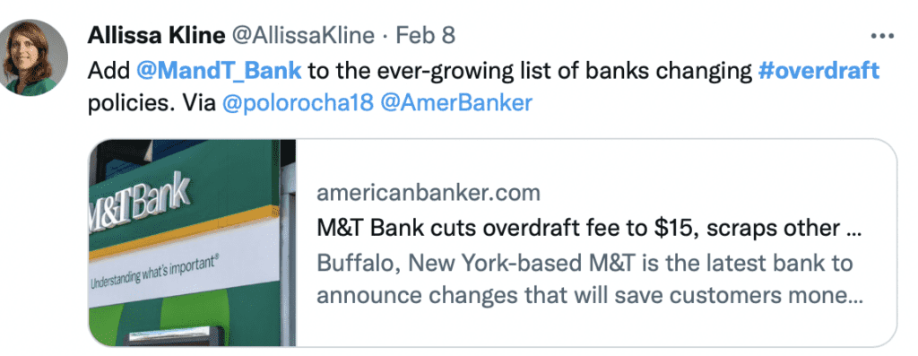 tweet detailing M&T Bank's overdraft fee reduction