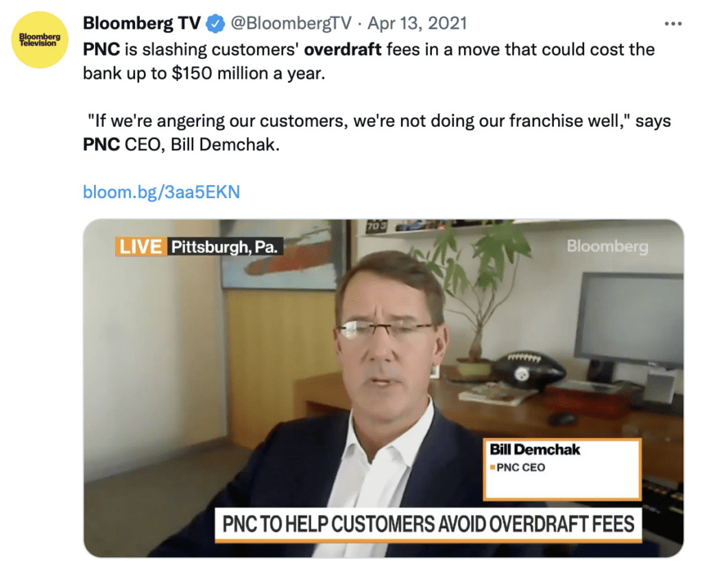 PNC CEO B ill Demchak discussing reduced overdraft fees on Bloomberg TV
