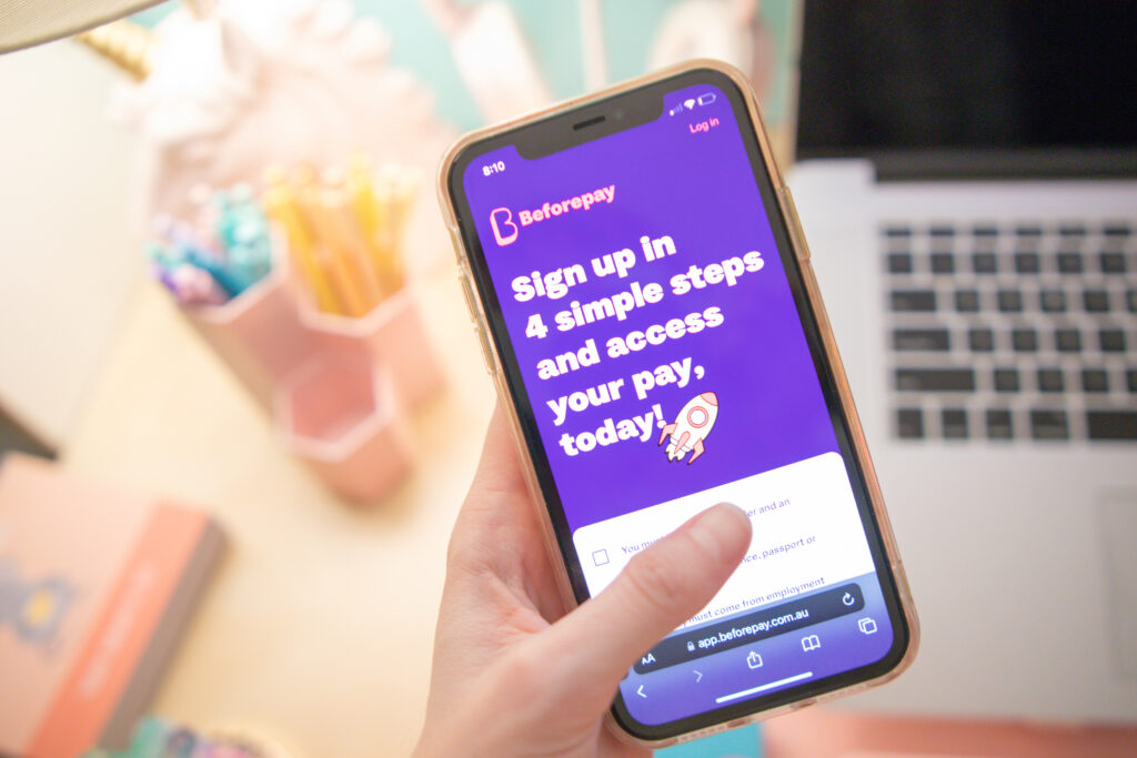 Beforepay sign-up screen on a mobile phone explaining the steps to access your pay early