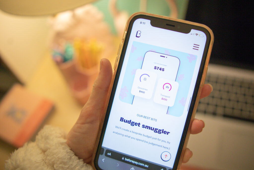 Beforepay budgeting feature on a phone showing spending categories for groceries and transport