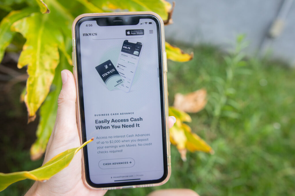 Moves Financial cash advance feature displayed on a phone screen