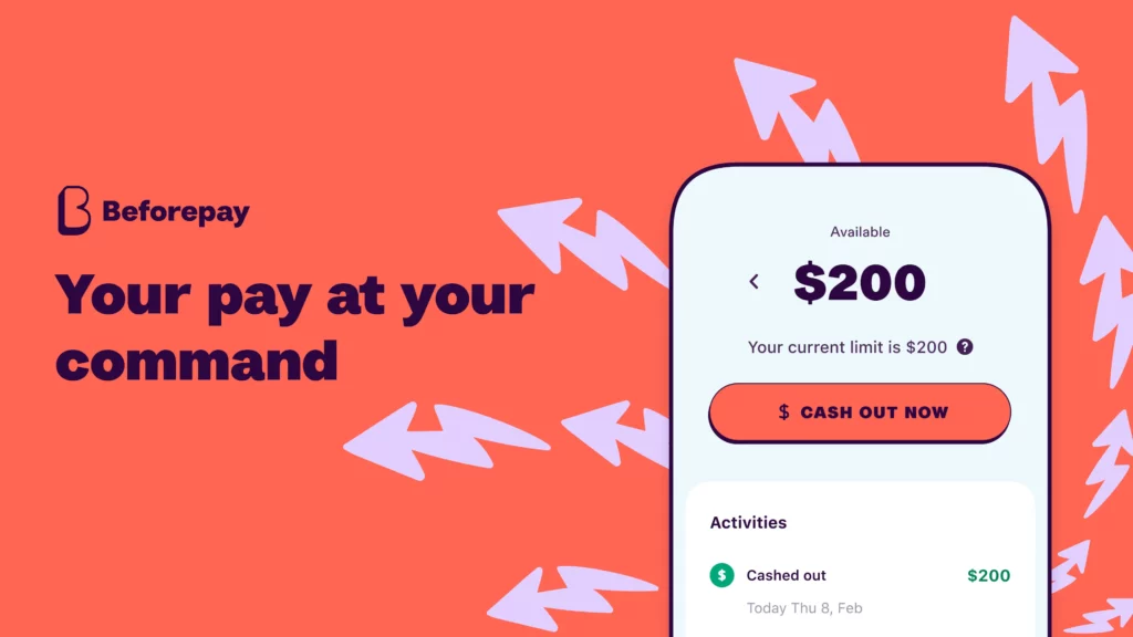 Beforepay app cash out screen showing an available pay advance balance and a Cash Out Now button