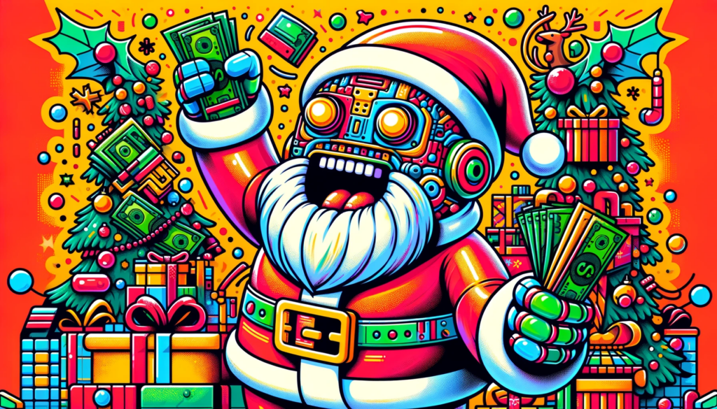 Bright and colorful illustration of a robot Santa Claus who looks joyously unhinged, holding a fistful ofcash
