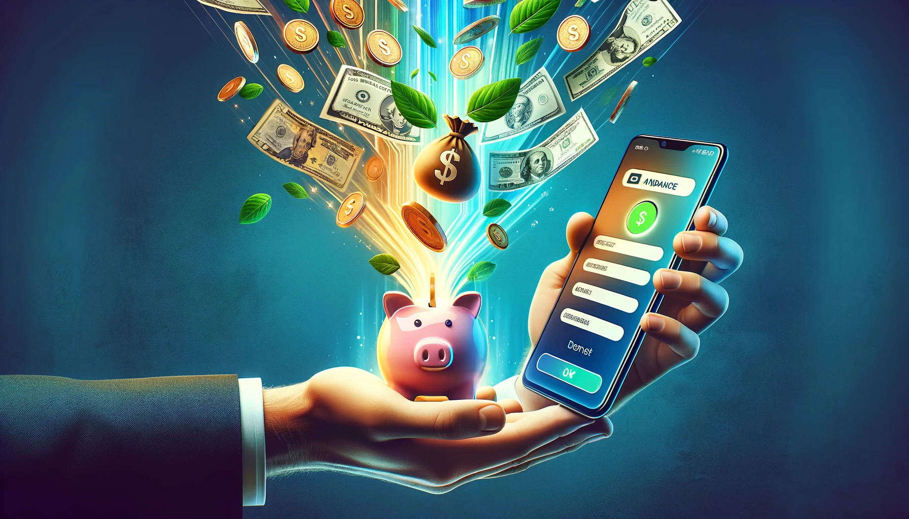 Highly colorful and frenetic illustration of a hand holding a piggy bank exploding with cash and a cash advance app on a phone screen