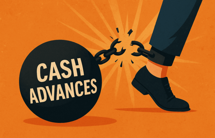 Illustration of a person breaking the chain from a weight labeled Cash Advances