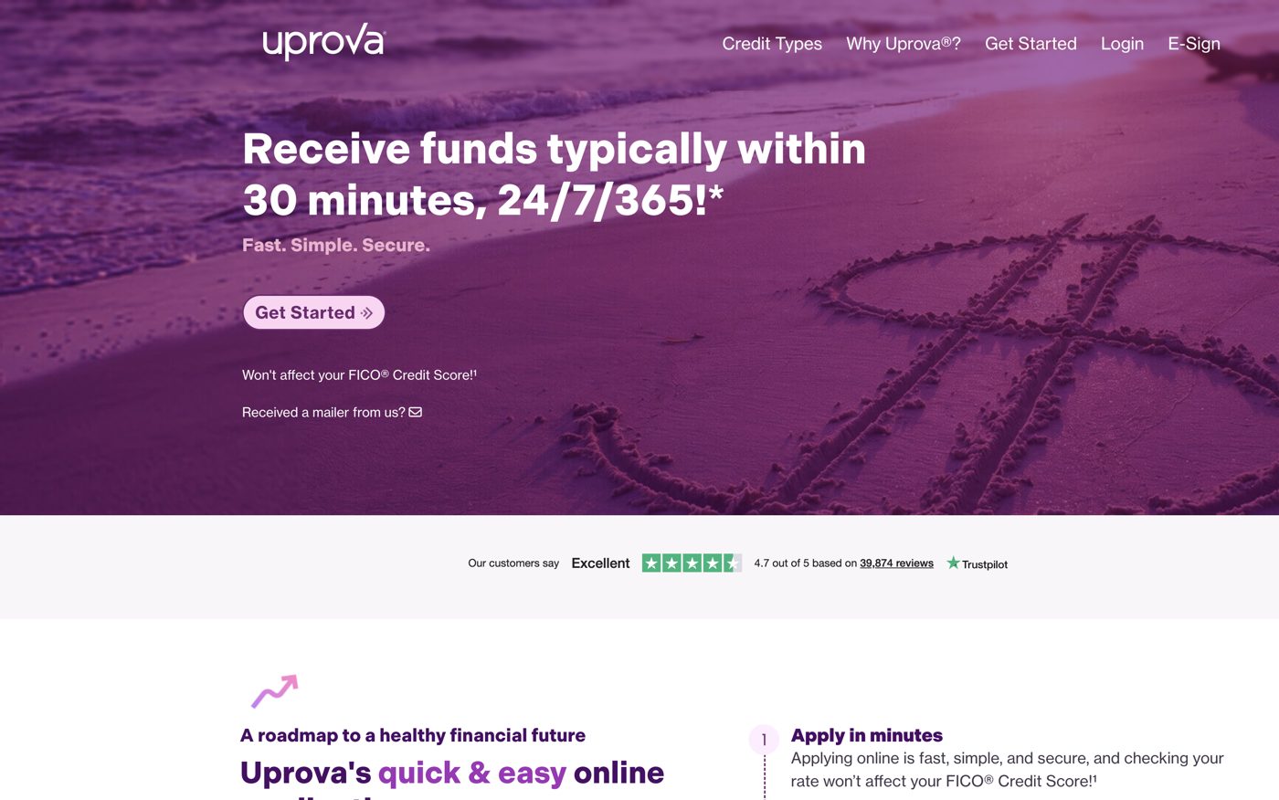 Screenshot of the Uprova website homepage advertising funds within 30 minutes and a 4.7 Trustpilot rating