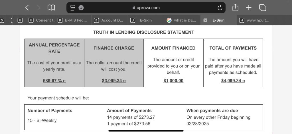 Uprova Truth in Lending disclosure for a $1,000 loan showing 689.67 percent APR and $4,099.34 total of payments