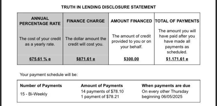 Uprova Truth in Lending disclosure for a $300 loan showing 675.61 percent APR and $1,171.61 total of payments