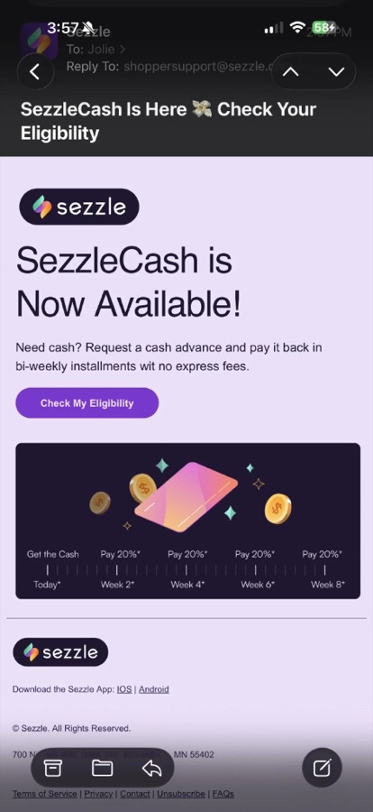 SezzleCash promo showing cash today and payments every two weeks